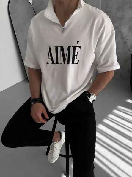 Unisex Yarım Fermuarlı Baskılı T-Shirt - Beyaz ürün görseli 1