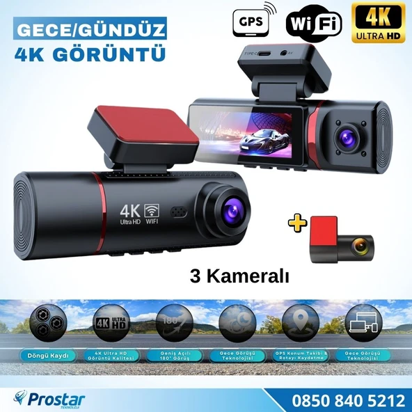 4K Ultra HD 3 Kameralı Ön, iç ve Arka Wifi GPS G-Sensör Park Modu Dashcam Kamera ürün görseli
