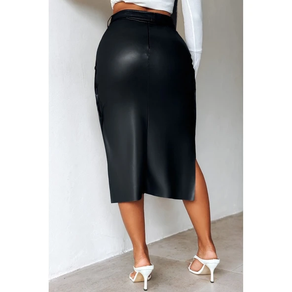 Lucky Life Kadın Yüksek Bel Kuşaklı Yanlardan Düğmeli Mini Deri Etek - 3