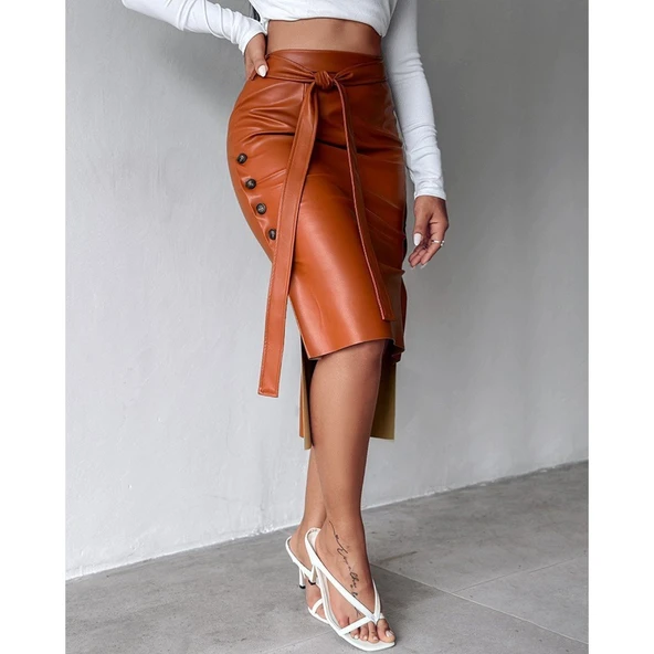 Lucky Life Kadın Yüksek Bel Kuşaklı Yanlardan Düğmeli Mini Deri Etek - 3