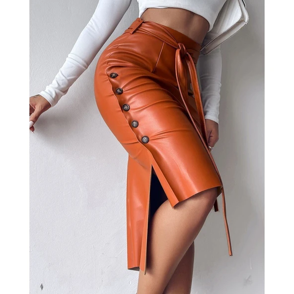 Lucky Life Kadın Yüksek Bel Kuşaklı Yanlardan Düğmeli Mini Deri Etek - 2