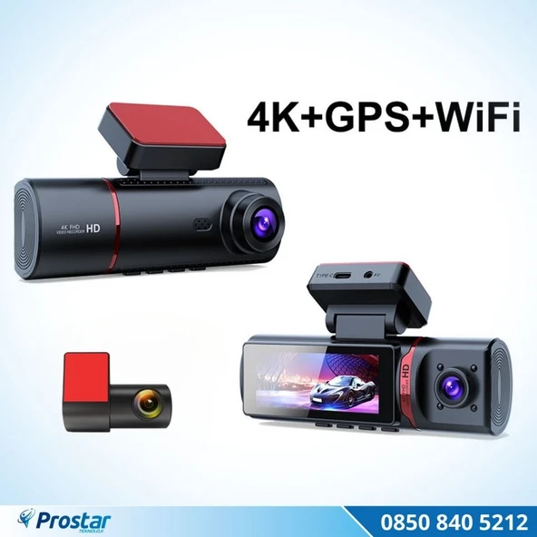 4K Ultra HD 3 Kameralı Ön, iç ve Arka Wifi GPS G-Sensör Park Modu Dashcam Kamera - Resim 2