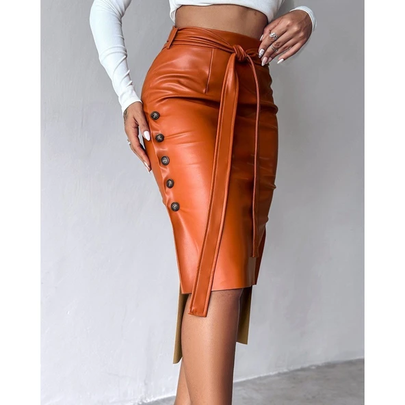 Lucky Life Kadın Yüksek Bel Kuşaklı Yanlardan Düğmeli Mini Deri Etek - 5