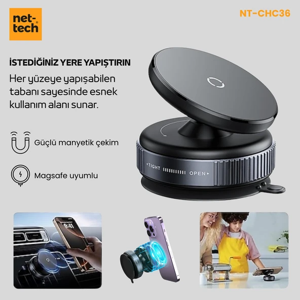 Nettech NT-CHC36 Vakumlu Çok Amaçlı Manyetik Araç Telefonu Tutucu (Siyah) - 3