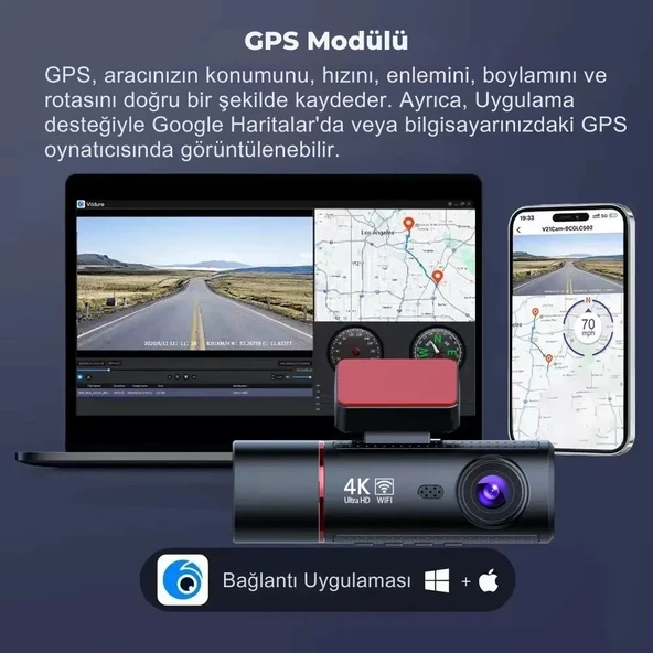 3 Kameralı 4K Ultra HD Ön, iç ve Arka Wifi GPS G-Sensör Park Modu Dashcam Kamera - Resim 4