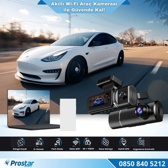 4K Ultra HD 2 Kameralı Ön ve iç  Wifi GPS G-Sensör Park Modu Dashcam Kamera - Resim 4