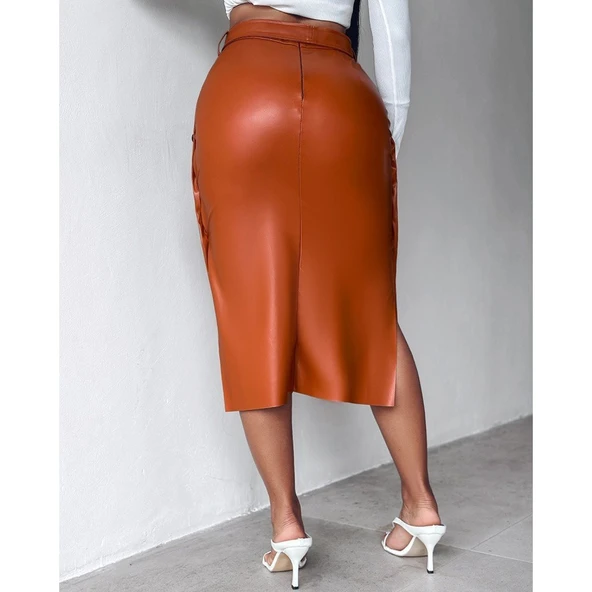 Lucky Life Kadın Yüksek Bel Kuşaklı Yanlardan Düğmeli Mini Deri Etek - 8