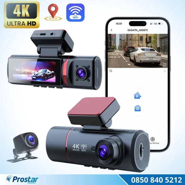 3 Kameralı 4K Ultra HD Ön, iç ve Arka Wifi GPS G-Sensör Park Modu Dashcam Kamera ürün görseli