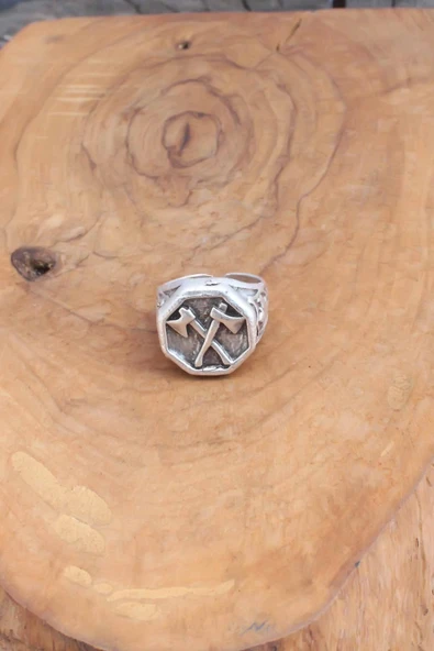 Balta Desenli Gümüş Renk Ayarlanabilir Erkek Yüzük