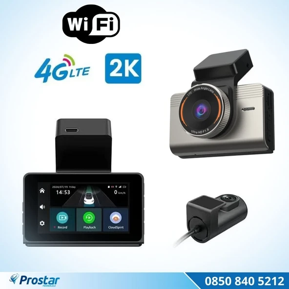 4G Uzaktan izlemeli 2 kameralı 2K+1080P Yüksek Çözünürlüklü Dashcam Kamera ürün görseli