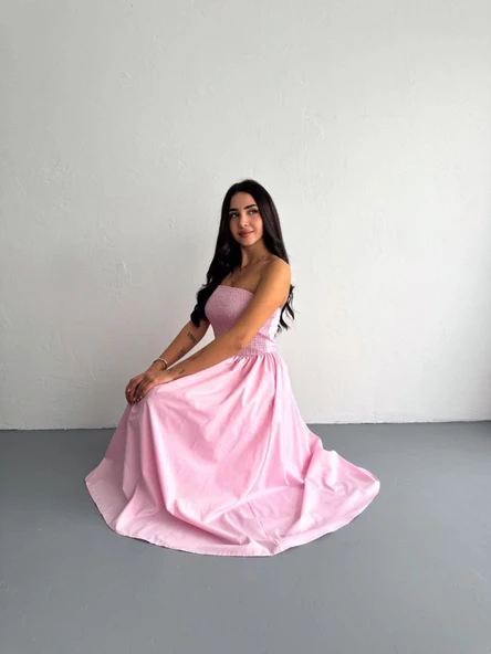 Straplez Pileli Elbise - Pembe - Resim 3
