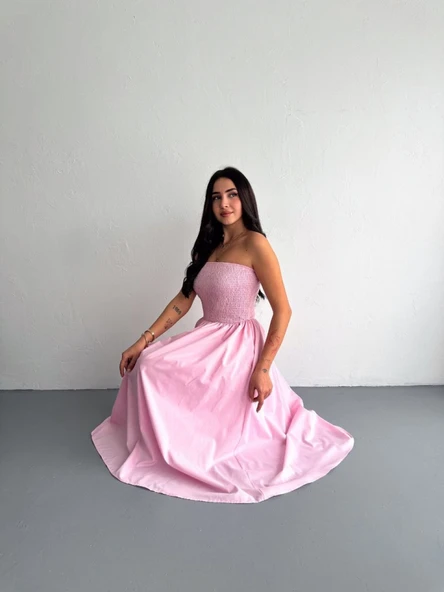 Straplez Pileli Elbise - Pembe - Resim 4