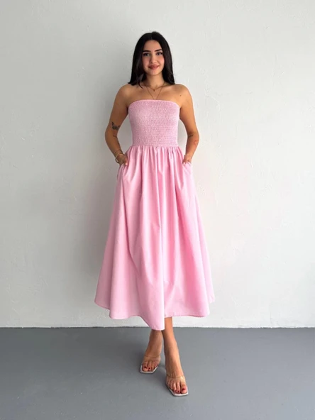 Straplez Pileli Elbise - Pembe - Resim 2