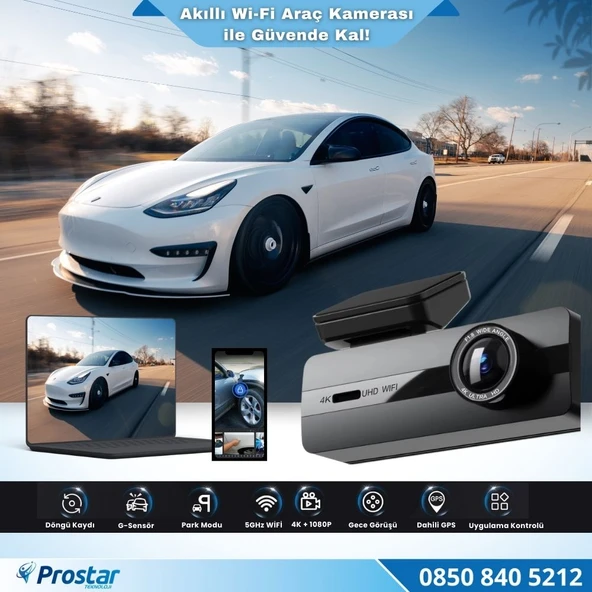 2 Kameralı 4K+1080P Ekransız WIFI GPS 24 Saat Park Modu Özellikli Dashcam Kamera - Resim 4