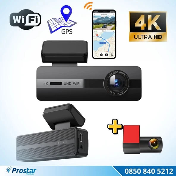 2 Kameralı 4K+1080P Ekransız WIFI GPS 24 Saat Park Modu Özellikli Dashcam Kamera ürün görseli