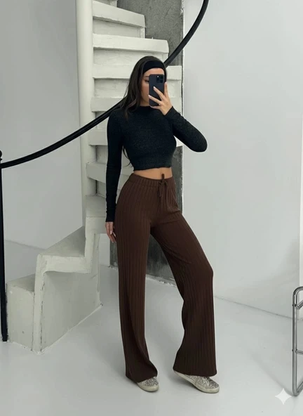 Fitilli şardonlu pantolon kahve a4058 - Resim 2