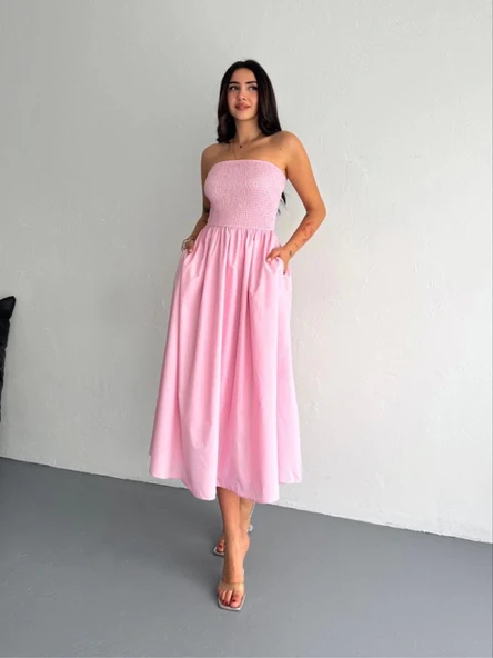 Straplez Pileli Elbise - Pembe ürün görseli