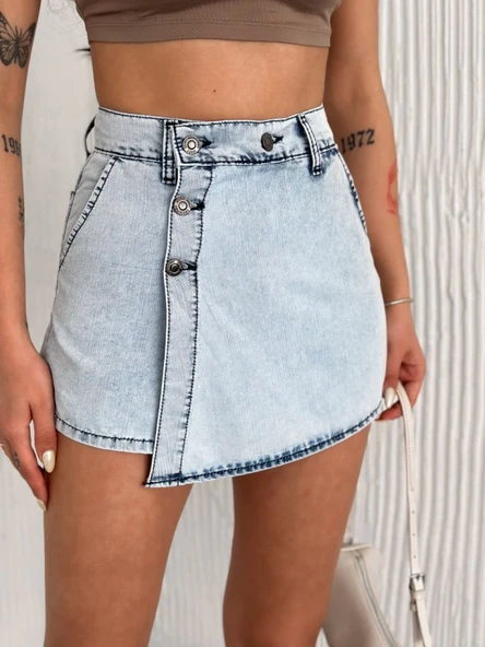 Kot Jeans Kesimetrik Kesim Cepli Şortlu Etek - Gri - 4