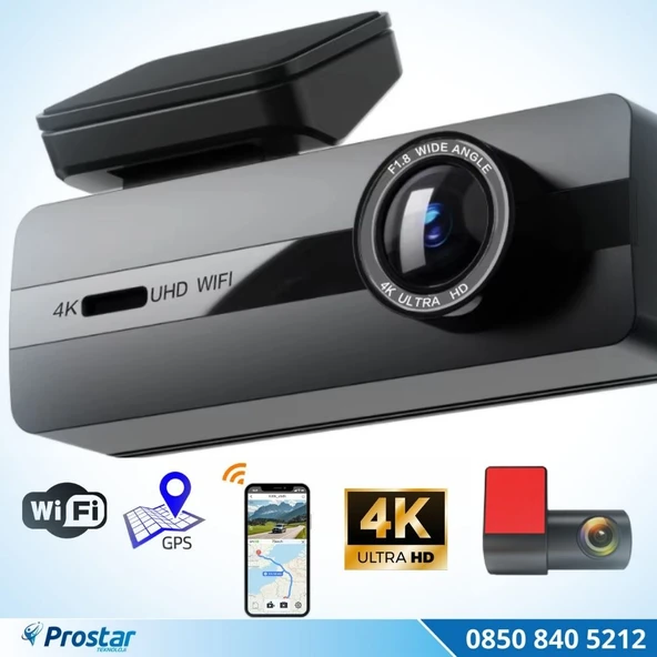 2 Kameralı 4K+1080P Ekransız WIFI GPS 24 Saat Park Modu Özellikli Dashcam Kamera - Resim 2