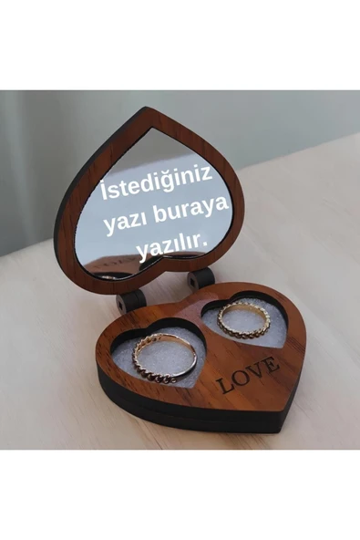 Kişiye Özel İsimli Aynalı Ahşap Alyans Tektaş Pırlanta Evlilik Yüzüğü Kutusu Yüzük Kutusu Hediyelik - 2