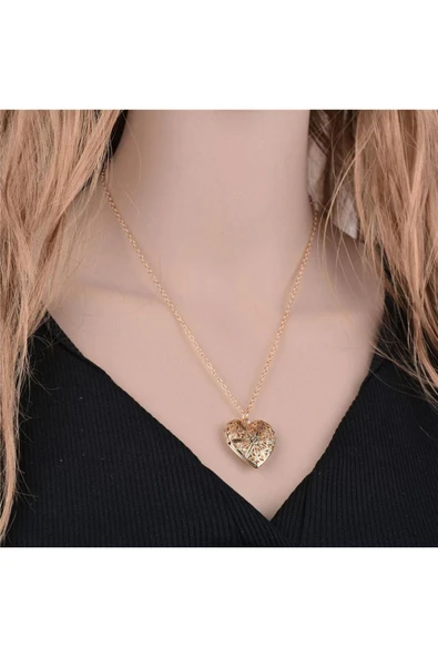 Fotoğraf Çerçeveli Kalp Kolye Gold Renk - 5