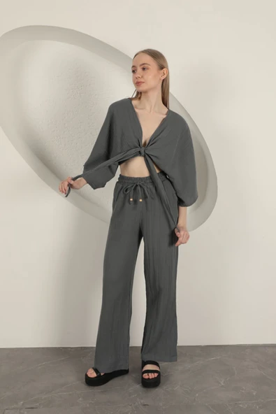 Müslin Kumaş Kimono-Antrasit - 2