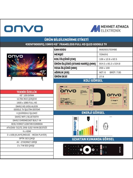 Onvo 43OVF9000FQ Full HD 43" 109 Ekran Uydu Alıcılı Google Smart QLED TV - 2