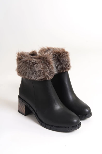 JULIA Fermuarlı Ortopedik Taban Tüylü Topuklu Kadın Bot CST - Siyah - Resim 4