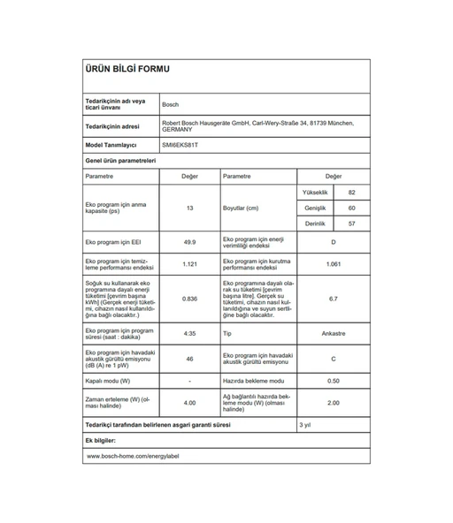 Bosch SMI6EKS81T 8 Programlı 13 Kişilik Yarı Ankastre Bulaşık Makinesi - Resim 8