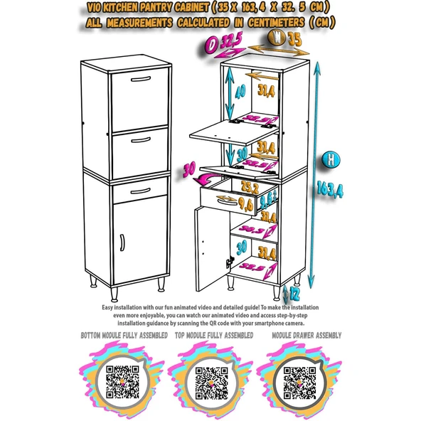 Modilayn VİO Çok Amaçlı Dolap: (35x163.4x32,5 cm) ölçülerinde, çekmeceli ve kapaklı mutfak dolabı. - 4