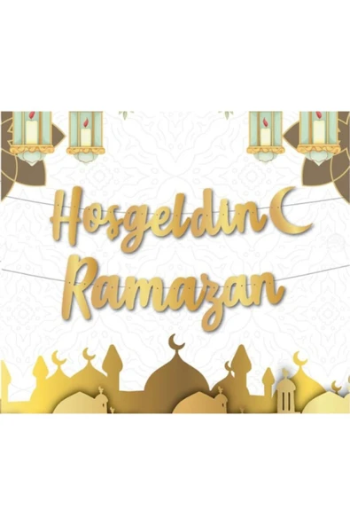 İB GLOBAL Hoşgeldin Ramazan Yazılı Kaligrafi Banner Gold Renkli - Ramazan Bayramı Altın Renginde Süs ürün görseli