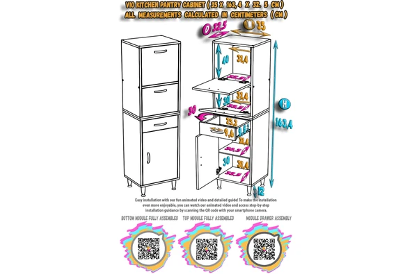 Modilayn VİO Çok Amaçlı Dolap: (35x163.4x32,5 cm) ölçülerinde, çekmeceli ve kapaklı mutfak dolabı. - Resim 5