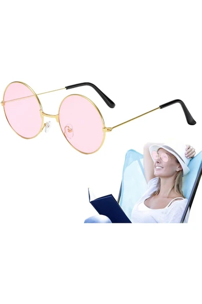 İB GLOBAL Yuvarlak Cam John Lennon Tarzı Hippi Gold Çerçeveli Pembe Gözlük - SFL6736-6703 - Resim 2