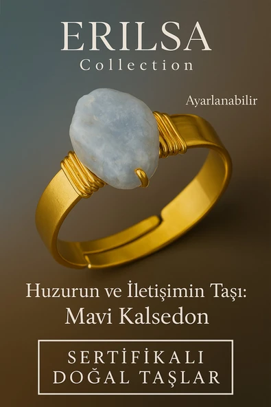 Sertifikalı Doğal Mavi Kalsedon Taşı Yüzük – Kalın Tımbıl Kasa Gold Renk Ayarlanabilir ürün görseli