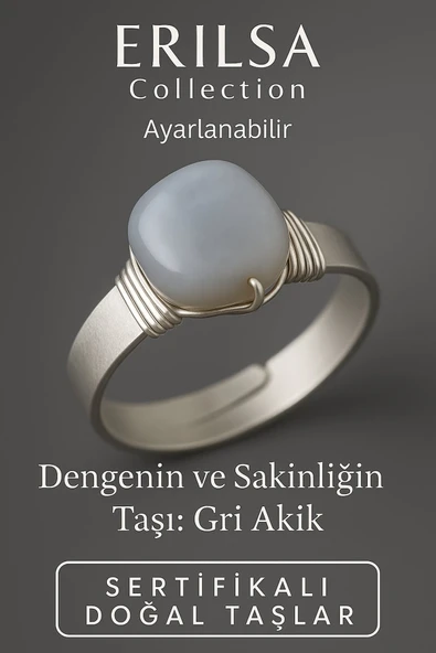 Sertifikalı Doğal Gri Akik Taşı Yüzük – Kalın Tımbıl Kasa Gümüş Renk Ayarlanabilir ürün görseli
