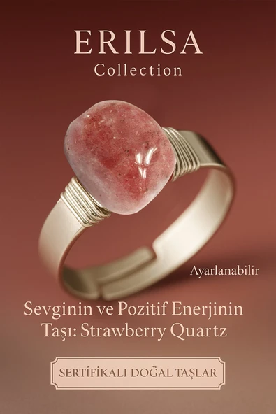 Sertifikalı Doğal Strawberry Quartz (Çilek Kuvars) Taşı Yüzük – Kalın Tımbıl Kasa Ayarlanabilir ürün görseli