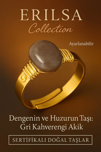 Sertifikalı Doğal Gri Kahverengi Akik Taşı Yüzük – Kalın Tımbıl Kasa Gold Renk Ayarlanabilir ürün görseli