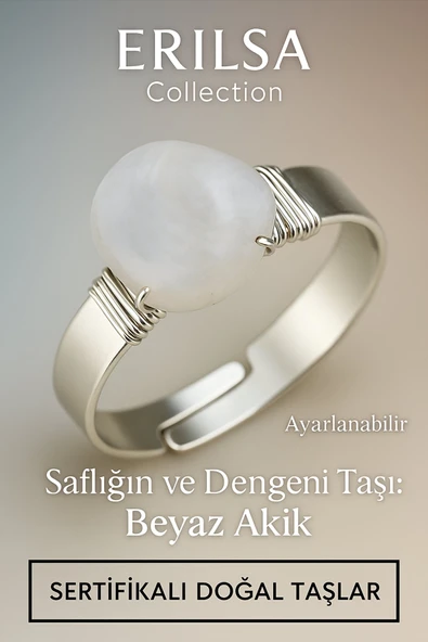 Sertifikalı Doğal Beyaz Akik Taşı Yüzük – Kalın Tımbıl Kasa Gümüş Renk Ayarlanabilir ürün görseli