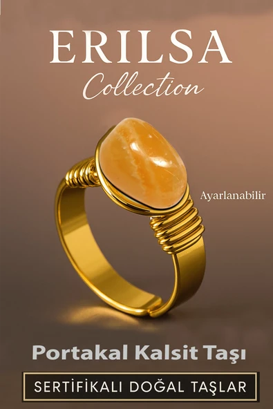 Sertifikalı Doğal Portakal Kalsit Taşı Yüzük – Kalın Tımbıl Kasa Gold Renk Ayarlanabilir ürün görseli