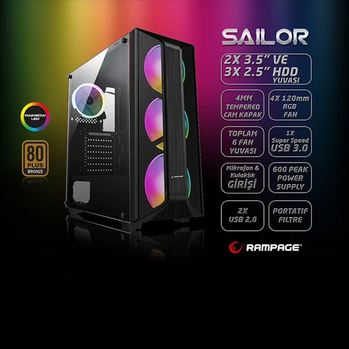 RAMPAGE SAILOR Temper 600W 80+ Bronze 4x120mm RGB FANLI Gaming Kasa ürün görseli