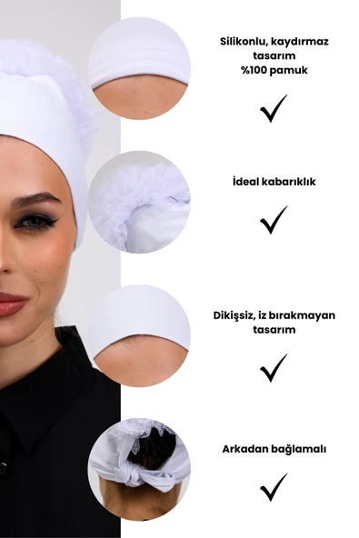 Loggia Kaymayan Fırfırlı Silikonlu Dikişsiz Bone Beyaz - Kaymaz Kadın Tesettür Bağlamalı İç Bone - 3