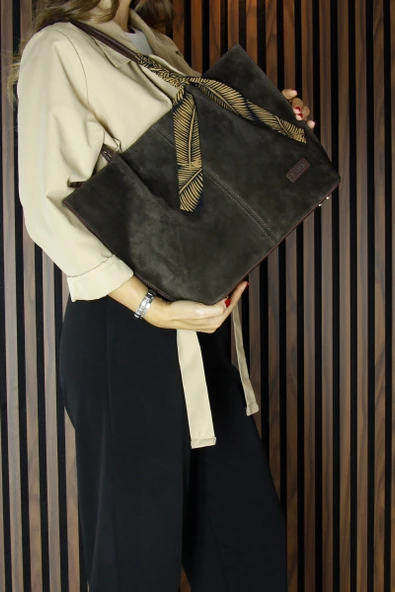 Erkan Saçmacı Kahve Hakiki Dana Süet Manyetik Kapaklı Büyük Boy Günlük Omuz Çantası ve Askılı El Çantası - 5