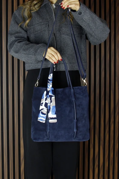 Erkan Saçmacı Lacivert Hakiki Dana Süet Manyetik Kapaklı Fermuarlı İç Cepli Askılı Büyük Boy Günlük Omuz Çantası - 4