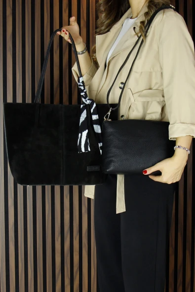 Erkan Saçmacı Siyah Hakiki Dana Süet Manyetik Kapaklı Büyük Boy Günlük Omuz Çantası ve Askılı El Çantası - 5