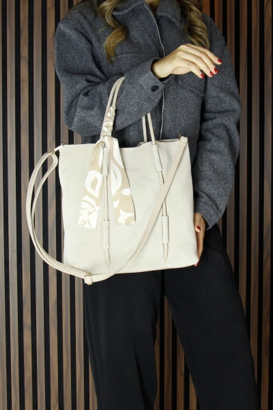 Erkan Saçmacı Bej Hakiki Dana Süet Manyetik Kapaklı Fermuarlı İç Cepli Askılı Büyük Boy Günlük Omuz Çantası - 6