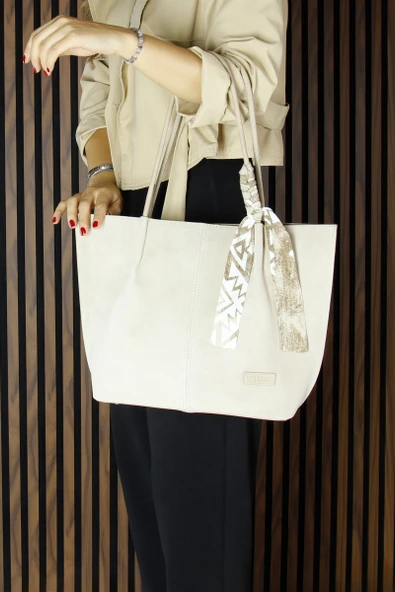 Erkan Saçmacı Bej Hakiki Dana Süet Manyetik Kapaklı Büyük Boy Günlük Omuz Çantası ve Askılı El Çantası - 4