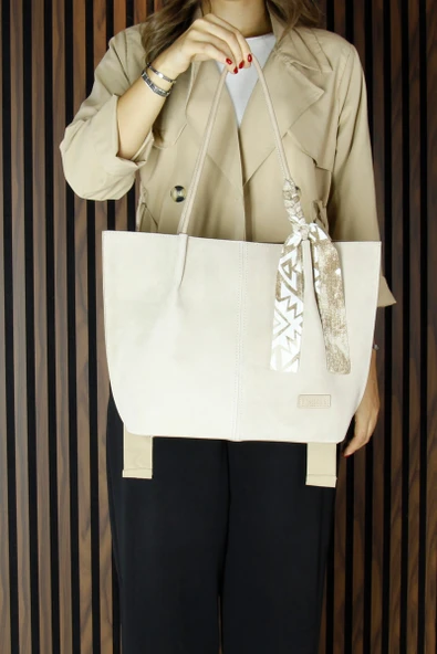 Erkan Saçmacı Bej Hakiki Dana Süet Manyetik Kapaklı Büyük Boy Günlük Omuz Çantası ve Askılı El Çantası - 2