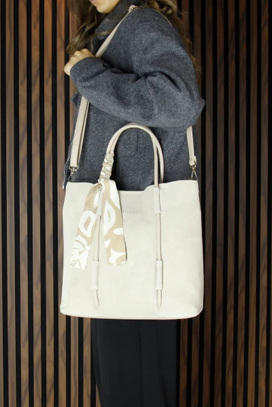 Erkan Saçmacı Bej Hakiki Dana Süet Manyetik Kapaklı Fermuarlı İç Cepli Askılı Büyük Boy Günlük Omuz Çantası - 5