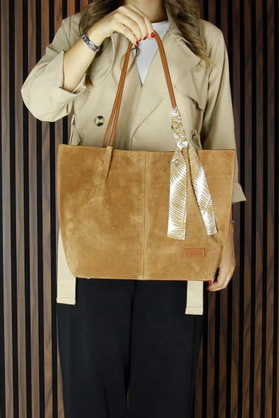 Erkan Saçmacı Taba Hakiki Dana Süet Manyetik Kapaklı Büyük Boy Günlük Omuz Çantası ve Askılı El Çantası - 2