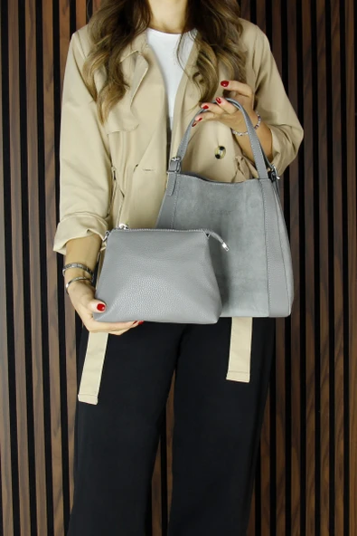 Erkan Saçmacı Gri Hakiki Dana Süet Manyetik Kapaklı Büyük Boy Günlük Omuz Çantası ve Askılı El Çantası